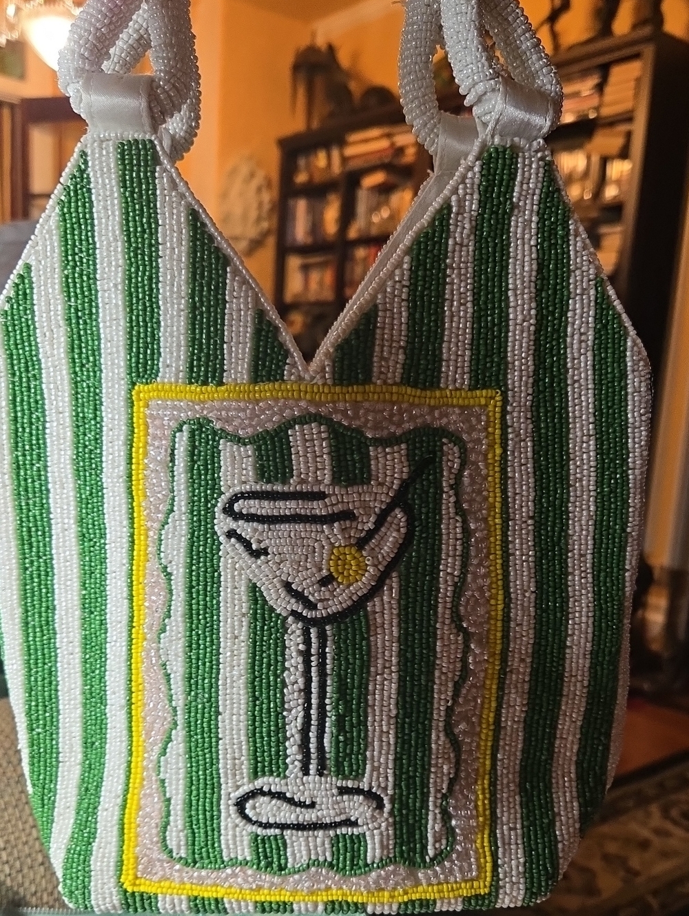 It Is 5 O'Clock Somewhere Martini Green Stripe Beaded Shoulder Bag. India